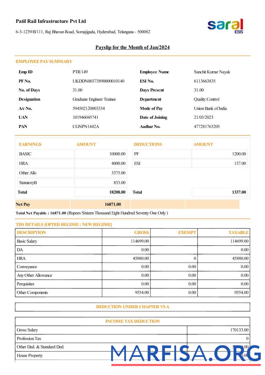 Downloadable Patil Rail Infrastructure payslip example